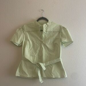 CARTOLINA NANTUCKET Light pistachio green poplin cotton lace trim ruffle blouse